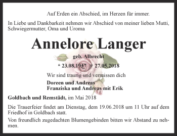 Traueranzeige von Annelore Langer von Ostthüringer Zeitung, Thüringische Landeszeitung