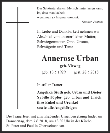 Traueranzeige von Annerose Urban von Thüringer Allgemeine, Thüringische Landeszeitung