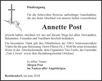 Traueranzeige von Annette Post von Ostthüringer Zeitung