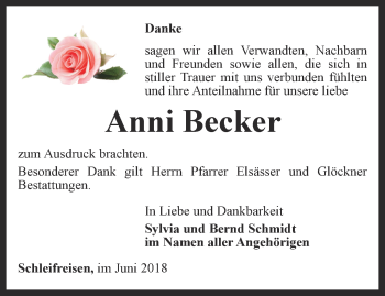 Traueranzeige von Anni Becker von Ostthüringer Zeitung