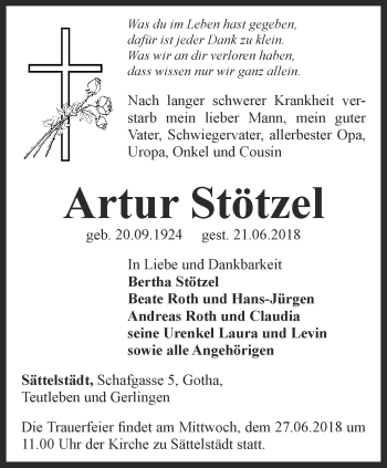 Traueranzeige von Artur Stötzel von Thüringer Allgemeine, Thüringische Landeszeitung