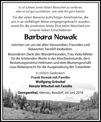 Traueranzeige von Barbara Nowak von Ostthüringer Zeitung, Thüringische Landeszeitung