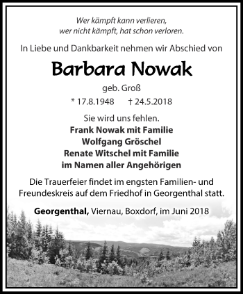 Traueranzeige von Barbara Nowak von Ostthüringer Zeitung, Thüringische Landeszeitung