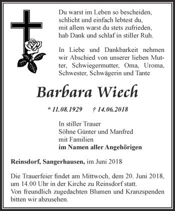 Traueranzeige von Barbara Wiech von Thüringer Allgemeine