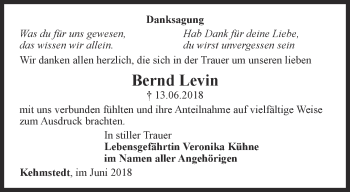 Traueranzeige von Bernd Levin von Thüringer Allgemeine