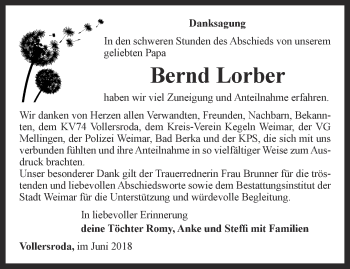 Traueranzeige von Bernd Lorber von Thüringer Allgemeine, Thüringische Landeszeitung