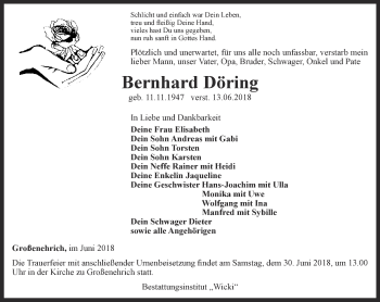 Traueranzeige von Bernhard Döring von Thüringer Allgemeine