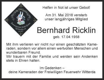 Traueranzeige von Bernhard Ricklin  von Thüringer Allgemeine, Thüringische Landeszeitung