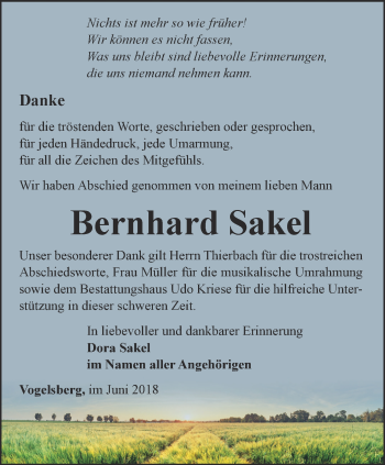 Traueranzeige von Bernhard Sakel von Thüringer Allgemeine