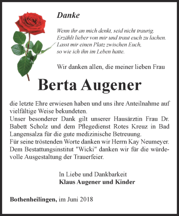 Traueranzeige von Berta Augener von Thüringer Allgemeine, Thüringische Landeszeitung