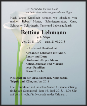 Traueranzeige von Bettina Lehmann