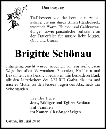 Traueranzeige von Brigitte Schönau von Ostthüringer Zeitung, Thüringische Landeszeitung