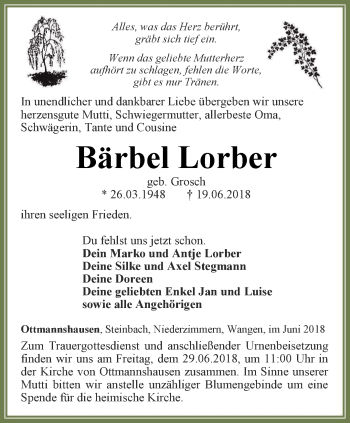 Traueranzeige von Bärbel Lorber von Thüringer Allgemeine, Thüringische Landeszeitung