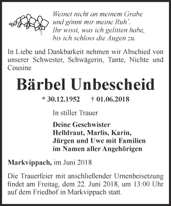 Traueranzeige von Bärbel Umbescheid von Thüringer Allgemeine