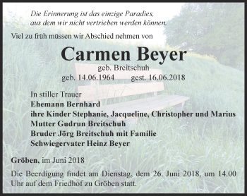 Traueranzeige von Carmen Beyer von Ostthüringer Zeitung