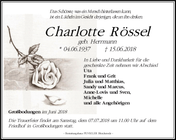 Traueranzeige von Charlotte Rössel von Thüringer Allgemeine