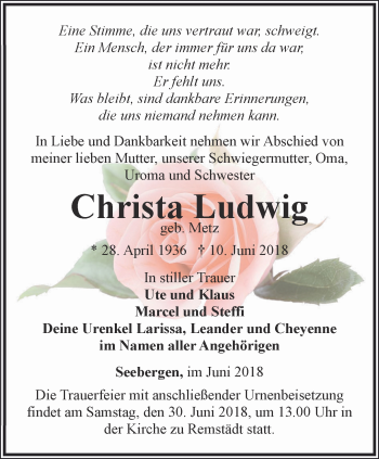 Traueranzeige von Christa Ludwig von Ostthüringer Zeitung, Thüringische Landeszeitung