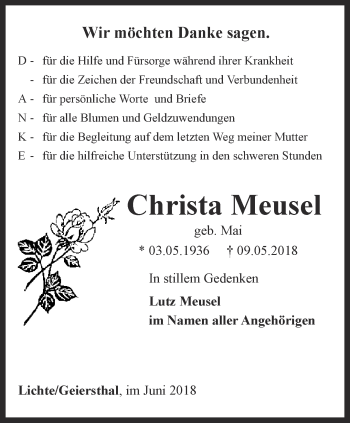 Traueranzeige von Christa Meusel von Ostthüringer Zeitung