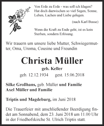 Traueranzeige von Christa Müller