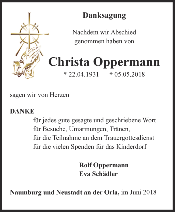 Traueranzeige von Christa Oppermann