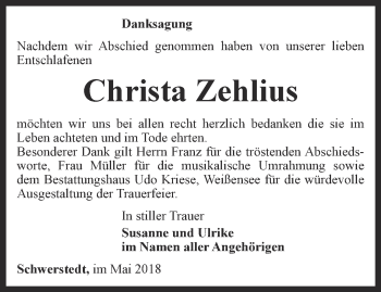 Traueranzeige von Christa Zehlius von Thüringer Allgemeine