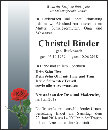 Traueranzeige von Christel Binder