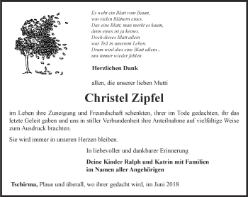 Traueranzeige von Christel Zipfel von Ostthüringer Zeitung