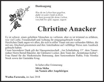 Traueranzeige von Christine Anacker von Thüringer Allgemeine, Thüringische Landeszeitung