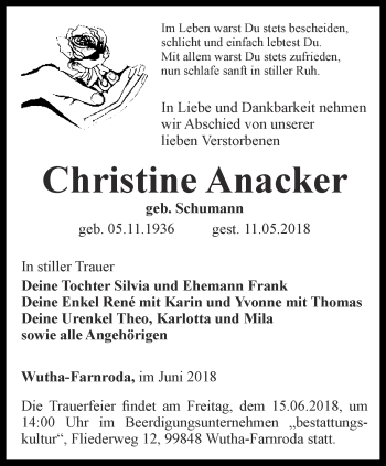 Traueranzeige von Christine Anacker von Thüringer Allgemeine, Thüringische Landeszeitung