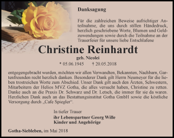 Traueranzeige von Christine Reinhardt von Ostthüringer Zeitung, Thüringische Landeszeitung