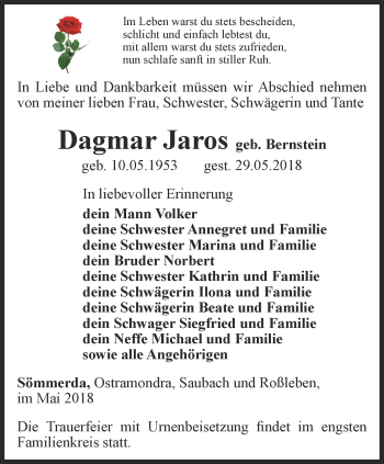 Traueranzeige von Dagmar Jaros von Thüringer Allgemeine