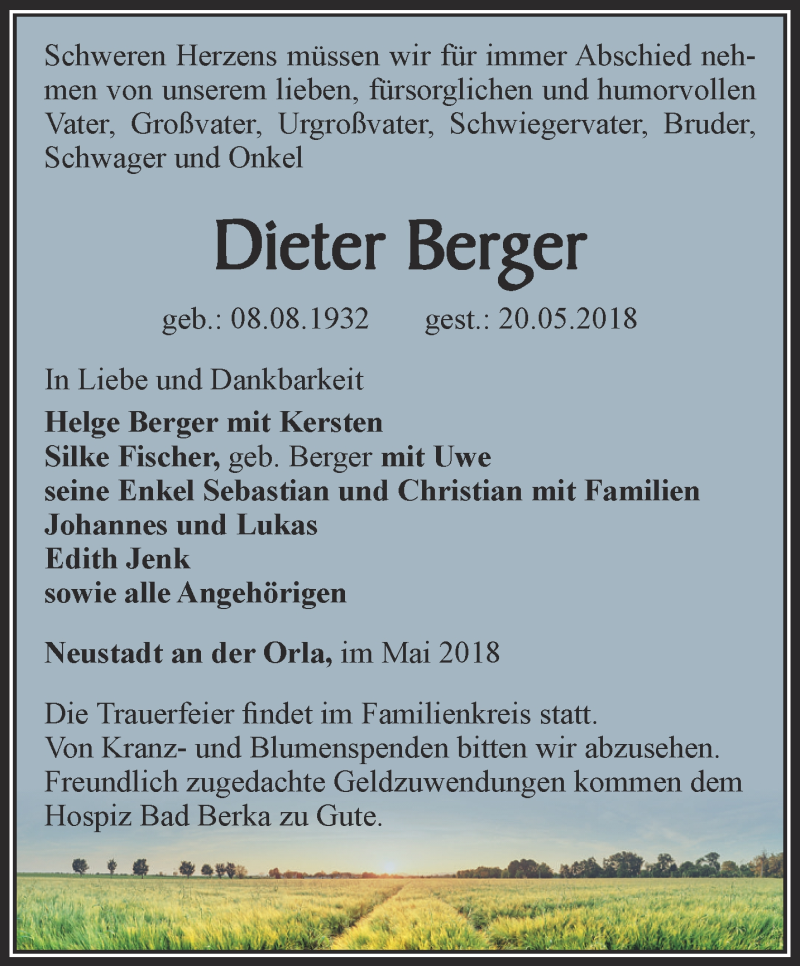  Traueranzeige für Dieter Berger vom 02.06.2018 aus Ostthüringer Zeitung