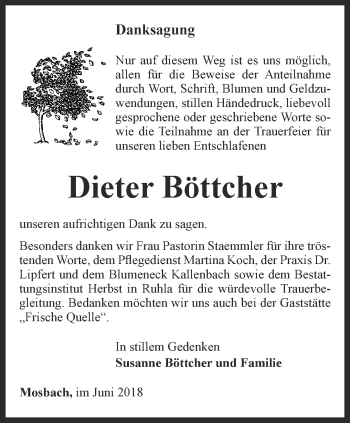 Traueranzeige von Dieter Böttcher von Thüringer Allgemeine, Thüringische Landeszeitung