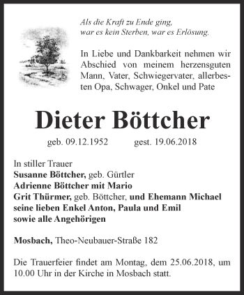 Traueranzeige von Dieter Böttcher von Thüringer Allgemeine, Thüringische Landeszeitung