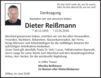 Traueranzeige von Dieter Reißmann von Ostthüringer Zeitung