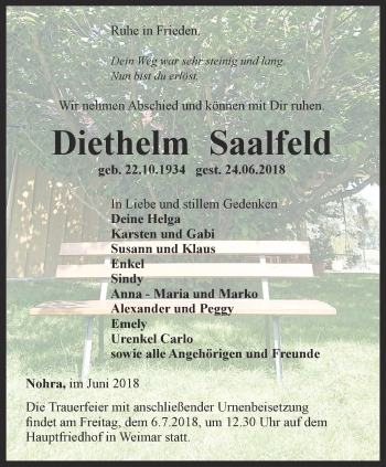 Traueranzeige von Diethelm Saalfeld von Thüringer Allgemeine, Thüringische Landeszeitung