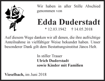 Traueranzeige von Edda Duderstadt von Thüringer Allgemeine, Thüringische Landeszeitung