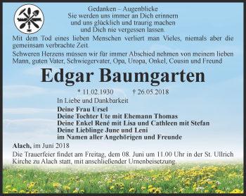 Traueranzeige von Edgar Baumgarten von Thüringer Allgemeine, Thüringische Landeszeitung