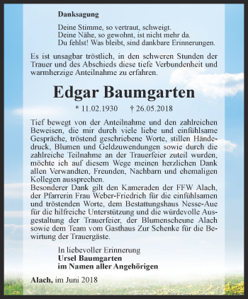 Traueranzeige von Edgar Baumgarten von Thüringer Allgemeine, Thüringische Landeszeitung