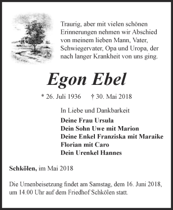 Traueranzeige von Egon Ebel von Ostthüringer Zeitung