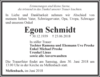 Traueranzeige von Egon Schmidt von Ostthüringer Zeitung