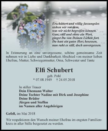 Traueranzeige von Elfi Schubert von Ostthüringer Zeitung