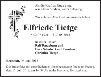 Traueranzeige von Elfriede Tietge von Thüringer Allgemeine, Thüringische Landeszeitung