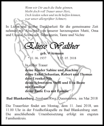 Traueranzeige von Eliese Walther von Ostthüringer Zeitung