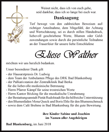 Traueranzeige von Eliese Walther von Ostthüringer Zeitung