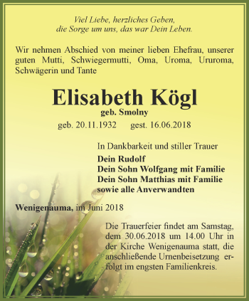 Traueranzeige von Elisabeth Kögl von Ostthüringer Zeitung