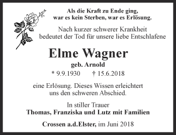 Traueranzeige von Elme Wagner von Ostthüringer Zeitung