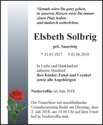 Traueranzeige von Elsbeth Solbrig von Thüringer Allgemeine, Thüringische Landeszeitung