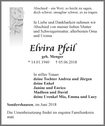 Traueranzeige von Elvira Pfeil von Thüringer Allgemeine