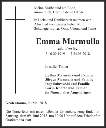 Traueranzeige von Emma Marmulla von Thüringer Allgemeine, Thüringische Landeszeitung